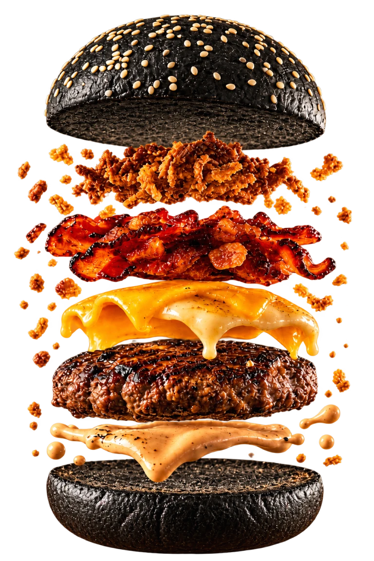 The One aberto: o pão, shallots crocantes, bacon caramelizado, nosso blend de queijos, o hambúrguer de 150g de Angus, house sauce e a base do pão.